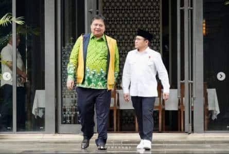 Ketua Umum Partai Golkar Airlangga Hartarto dan Ketua Umum PKB Muhaimin Iskandar, di Plataran Teras Kota, Senayan Jakarta, Rabu (3/5/2023) lalu. Foto: Golkar