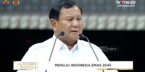 Capres 2024 Prabowo Subianto dalam Dialog Capres 02 Bersama Kadin, bertajuk Menuju Indonesia Emas 2045”, di Jakarta, Jumat (12/1/2024). Foto: Tangkap layar siaran langsung TVOne