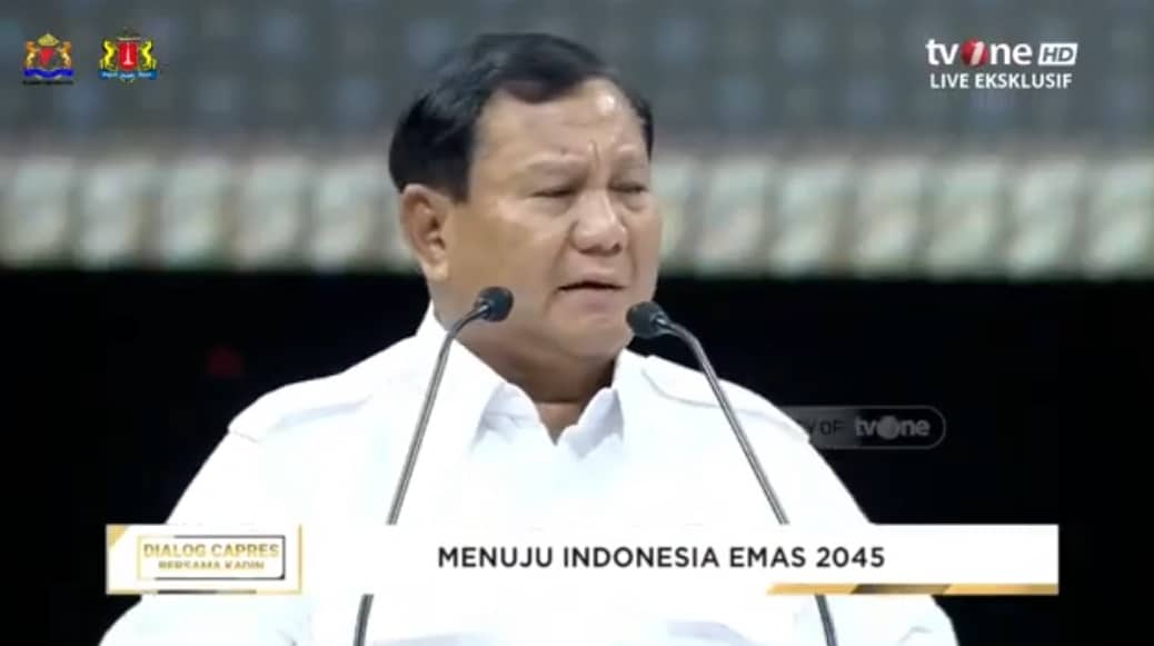 Capres 2024 Prabowo Subianto dalam Dialog Capres 02 Bersama Kadin, bertajuk Menuju Indonesia Emas 2045”, di Jakarta, Jumat (12/1/2024). Foto: Tangkap layar siaran langsung TVOne