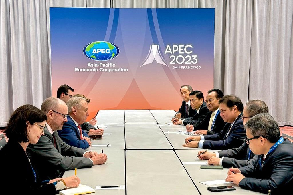 Menko Perekonomian Airlangga Hartarto memimpin delegasi Indonesia dalam Pertemuan Tingkat Menteri (PTM) IPEF bersama Senator Australia Don Farrell, di San Francisco, AS, Selasa (14/11/2023), sore. Kemenko Perekonomian