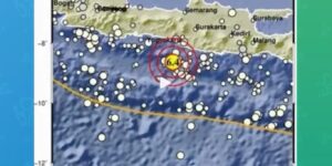 Peta lokasi gempa di Bantul, DIY magnitudo 6,4 pukul 19:45 WIB Sabtu (30/6/2023). Foto: InfoBMKG
