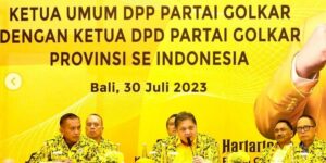 Ketum Golkar Airlangga Hartarto memberikan sambutan dalam pertemuan Ketua DPP dan DPD se-Indonesia, pekan lalu. Foto: Golkar