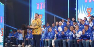 Ketua Umum DPP Partai Golkar Airlangga Hartarto memberikan sambutan dalam acara HUT PAN ke-25 tahun, di Jakarta, Senin (28/8/2023). Foto: airlanggahartarto_official>