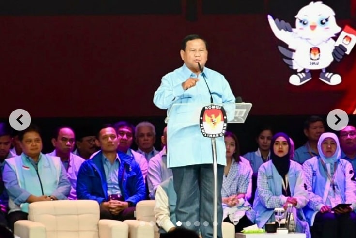 Capres nomor urut 2 Prabowo Subianto dalam debat kelima Pilpres 2024, di Jakarta, Minggu (4/2/2024) malam. Foto: IG golkar.indonesia